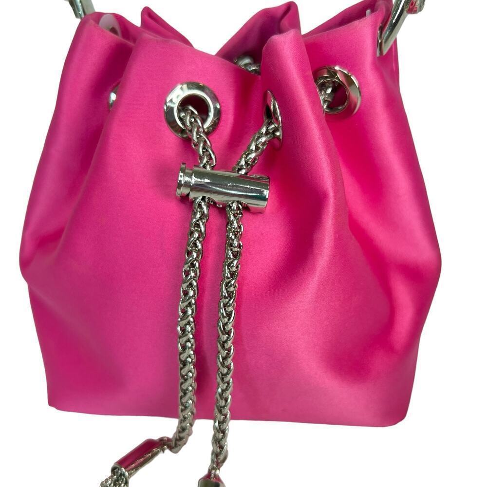 Sondra Robert’s Satin Drawstring Mini Bag Hot a pink Crystal Top Handle - Picture 2 of 8
